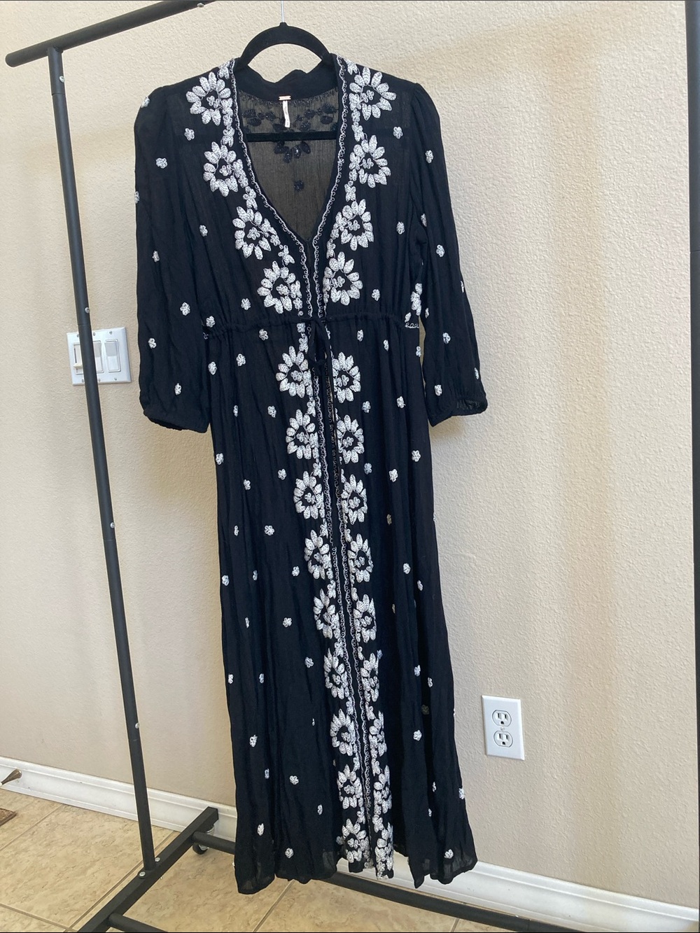 Free People Black and white Embroidered V-Neck Maxi Dress
